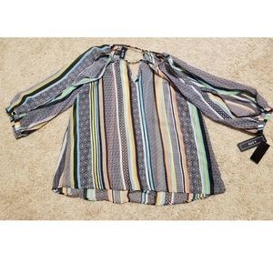 A. Byer juniors asymmetrical 3/4 sleeve Sheer top size small new.